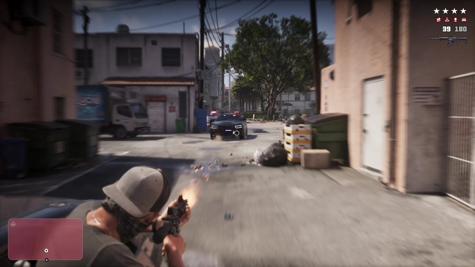 Tiroteo contra la policia en una calle de Vice City, con el nivel de busqueda en pantalla