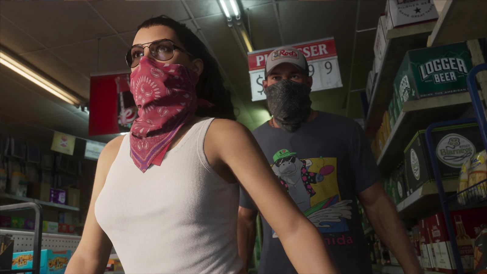 Lucia y Jason con el rostro cubierto dentro de una tienda durante un atraco